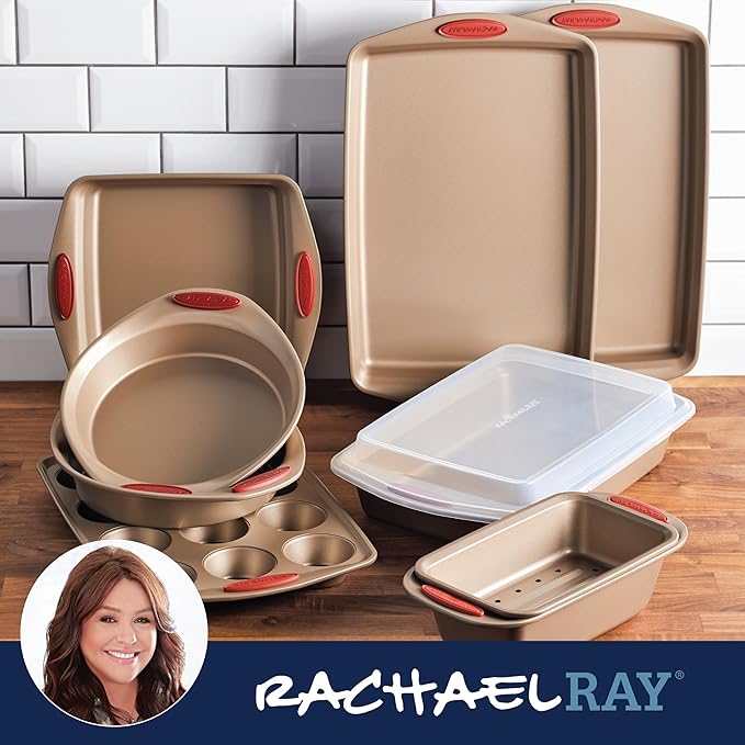 Rachael Ray Cucina Nonstick Bakeware Baking Pans Set, Latte Brown and Cranberry Red, Baking Dishes, 10-Piece
