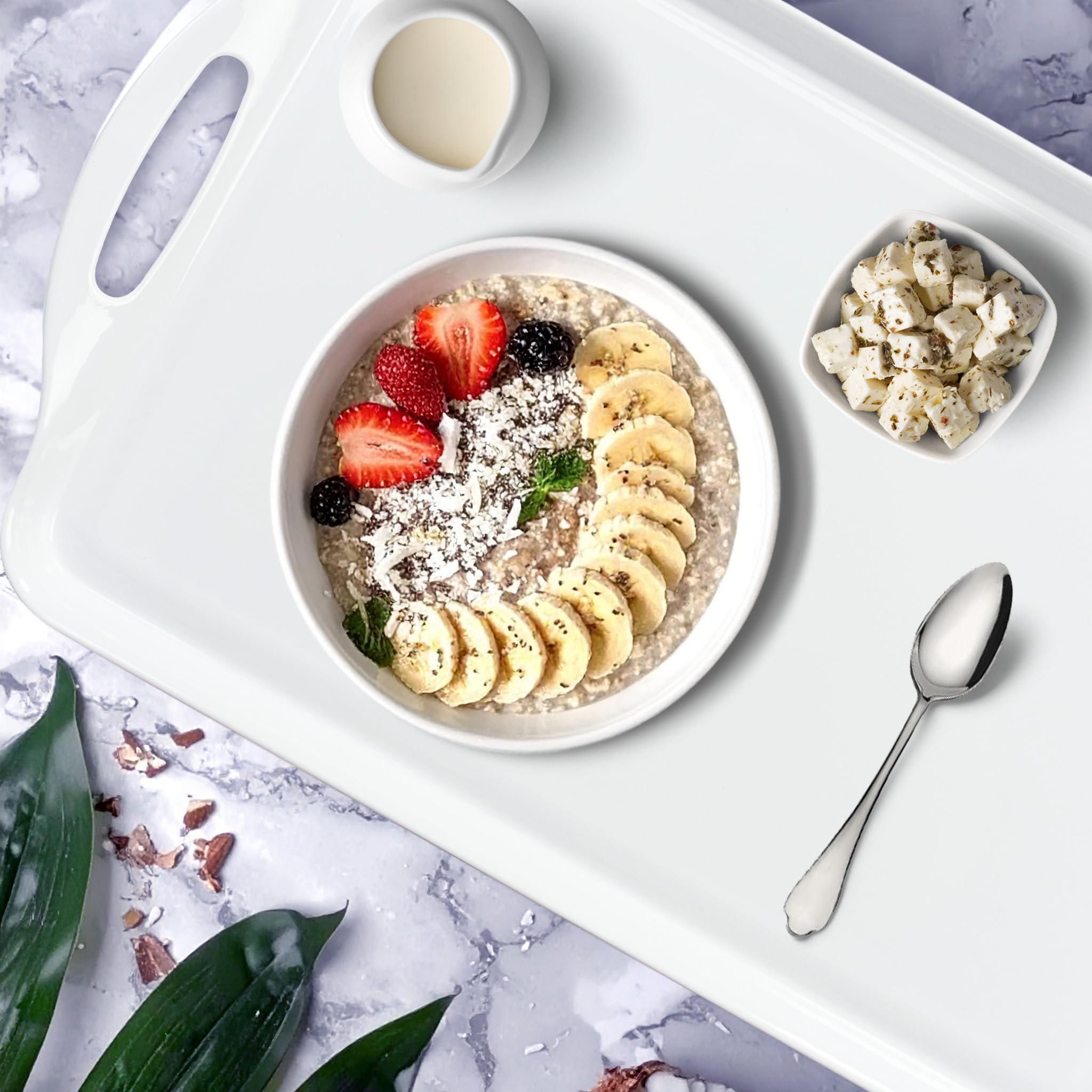 Extra Large Melamine Platters, 19" x11.6'' Serving Tray with Handles for Cookie, Cupcakes, Desserts, Dishwasher Safe, Ottoman Tray Decor, Set of 2, 2 pcs Mats Included (White)