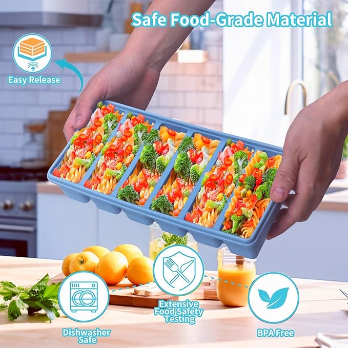 1/2 Cup Silicone Freezer Tray With Lid - Silicone Freezer Molds 4-Pack For meal prep & freezing of various sauces and other dishes, makes 24 perfect 1/2 cup portions cube (Blue 4 Pack)