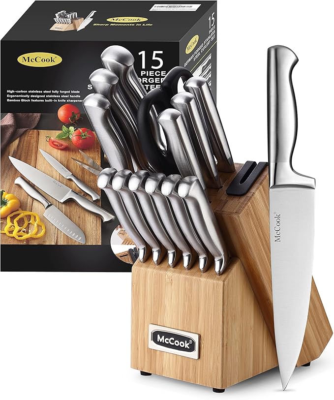 McCook Knife Set Kitchen Steel Knife Block Set w Built-in Sharpener