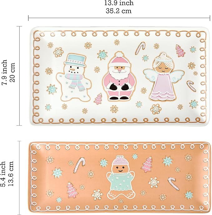 Bico Pastel Gingerbread Man Gnomes Ceramic Rectangular Serving Platters Set of 2, 14 Inch, Microwave & Dishwasher Safe, Large and Medium Platters for Appetizers, Cheese, Salad, Pasta