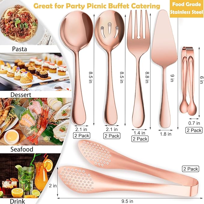 IAXSEE 11 PCS Serving Utensils, Large Stainless Steel Spoons Forks Tongs, Pie Server, Great for Hostess Buffet Catering Banquet Party, Rose Gold