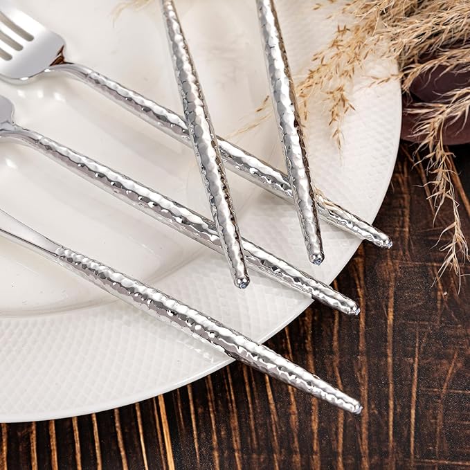 Rubtlamp 90Pcs Silver Plastic Silverware, Hammered Disposable Silverware,Silver Plastic Forks And Spoons, Fancy Plastic Cultery Include 30 Forks, 30 Knives And 30 Spoons for Party