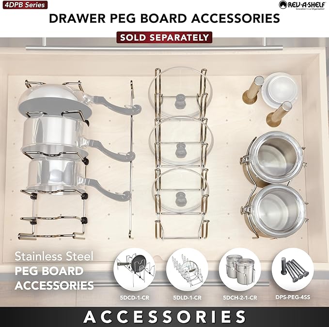 Rev-A-Shelf Pegboard Drawer Divider Organizer, Trim to Custom Fit Wooden Kitchen Cabinet Storage Utensil, Pots & Dish Rack, 39" x 21", 4DPS-3921