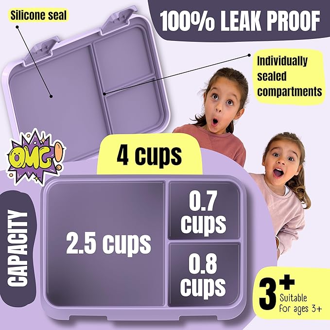 BEARFOOT Kids Lunch Box with Compartments – Compact & Lightweight | Leak-Proof, BPA-Free, Dishwasher Safe | Hand-Drawn Design for Preschool, School, Travel (Llama Purple, 4 Cups)