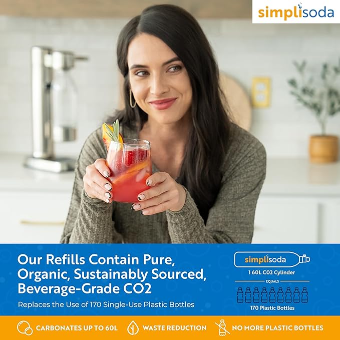 Simpli Soda 60L CO2 Canister Cylinders - Compatible w/Sodastream BLUE Screw-In Only, Ninja Thirsti, Philips, and More - Threaded Style Soda Streaming Machine CO2 Tanks Gas Refill, | 14.5 oz, Set of 4