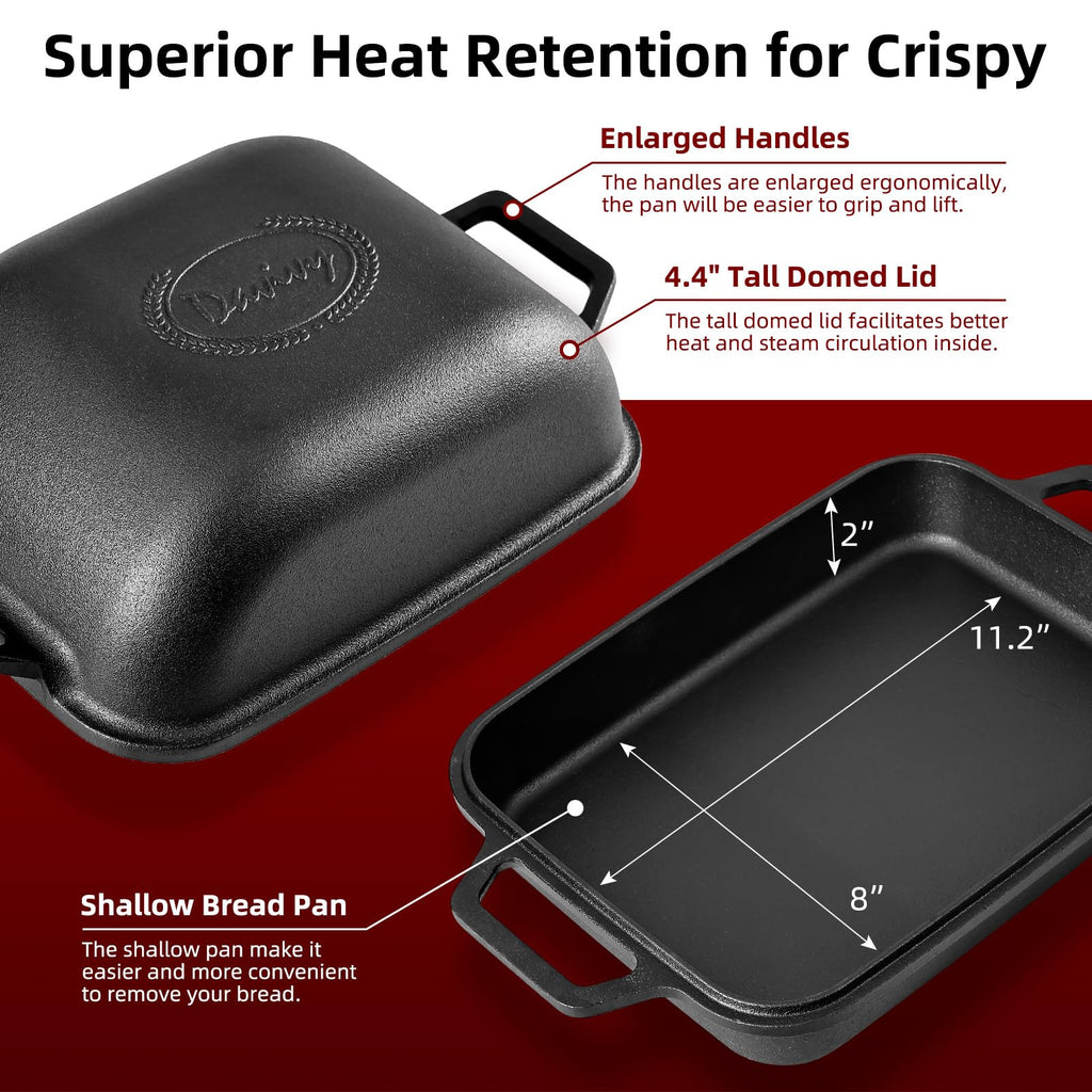 Davivy 9QT Large Cast Iron Bread Loaf Pan with Lid, Dutch Oven for Sourdough Bread Baking, Non-stick Cast Iron Sourdough Baking Pan with Lid, 12.3" x 9.2", Matte Black