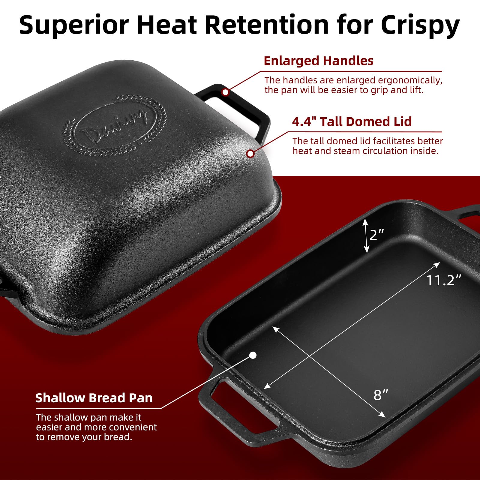 Davivy 9QT Large Cast Iron Bread Loaf Pan with Lid, Dutch Oven for Sourdough Bread Baking, Non-stick Cast Iron Sourdough Baking Pan with Lid, 12.3" x 9.2", Matte Black
