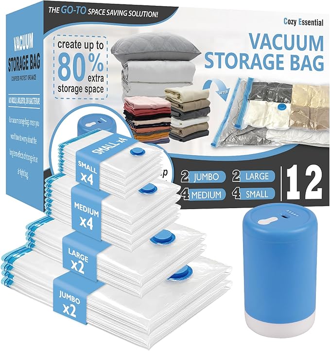 Cozy Essential Travel Vacuum Storage Bags with Rechargeable Cordless USB Pump, Space Saver Bags for Luggage, Suitcase, Carry-On, for Clothes, Blankets, Bedding & Seasonal Storage,12 Combo