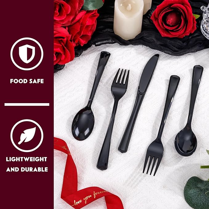 Supernal 300pcs Black Plastic Silverware, Disposable Cutlery Set