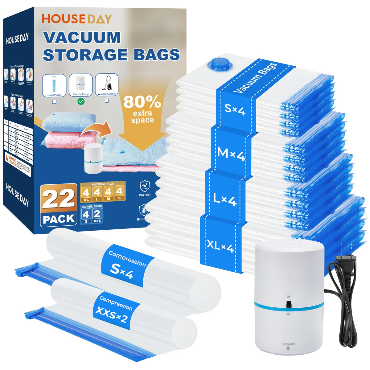 HOUSE DAY 22 Pack Vacuum Storage Bags with Pump,Space Saving Vacuum Seal Bags For Clothing Travel,4 Jumbo/4 Large/4 Medium/4 Small, 2S/2XS/2XXS Roll Up Bags, Hand Pump Included, Sealer Clothes Storage