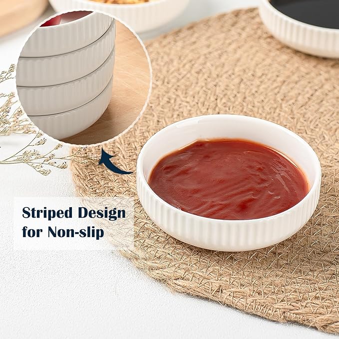 KOBIKOBI Dipping Bowls Set of 8-3 Oz Ceramic Sauce Bowls, Soy Sauce Dish, Small Condiment Cups for Sushi, BBQ, Appetizer - Stackable Food-Safe White Dipping Sauce Bowls, Japanese Style