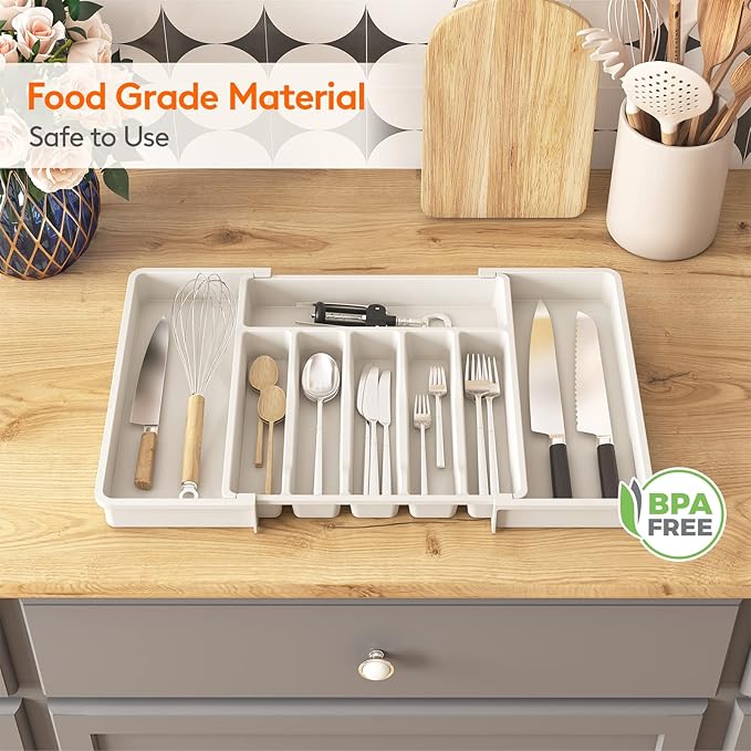 Lifewit Extra Large Silverware Drawer Organizer, Expandable Utensil Tray for Kitchen, BPA Free Flatware and Cutlery Holder, Adjustable Plastic Storage for Spoons Forks Knives, 13-22 x 15, White