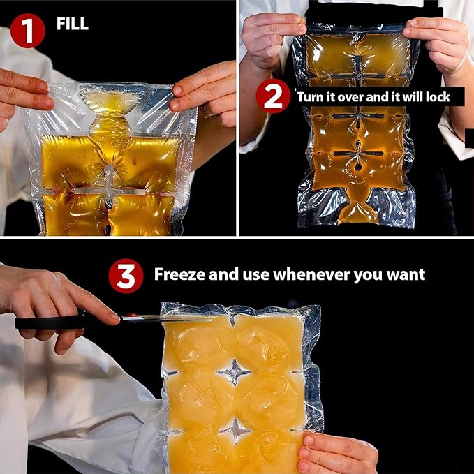 New Frozen Food Juice Bag, 2-Pack Value Bundle, Stackable Easy Removable, Large Size Ice Cube Tray & Self-locking Liquid Food Bag (Total 14 Bags 112 Cubes)