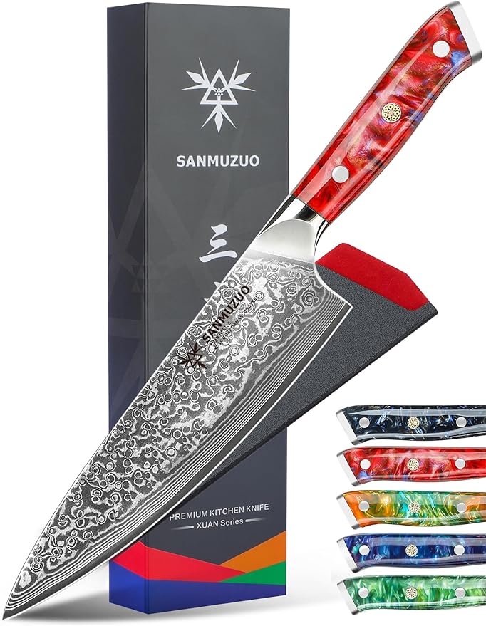 SANMUZUO Chef Knife - 8 inch - Xuan Series - VG10 Damascus Steel Kitchen Knife - Resin Handle (Sunset Red)