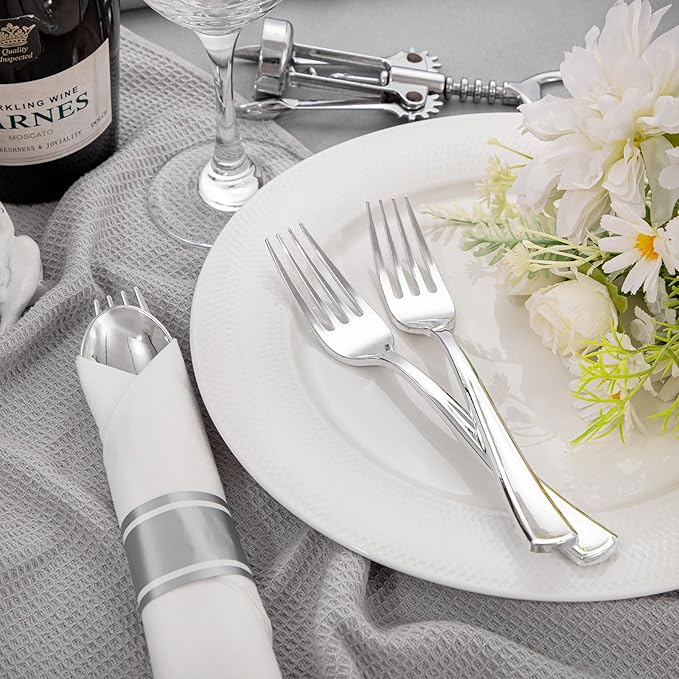 Liacere 100 Pack Silver Plastic Silverware-Pre Wrapped cutlery and Napkin-Pre Rolled Silverware Disposable 100 Forks, 100 Knives 100 Spoons, 100 Napkins Plastic Utensils＆Wedding