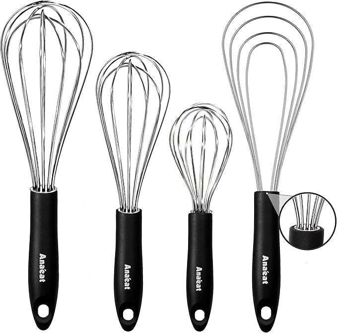 Anaeat Stainless Steel Kitchen Whisk Set of 4, Milk and Egg Beater Blender with Thick Wire for Whisking, Cooking, Baking, Beating and Stirring - 11'' Flat Whisk and 9''+11''+12'' Balloon Whisks