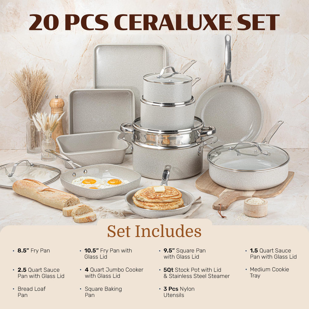GRANITESTONE Ceraluxe 20Pc Pots and Pans Set Non Stick Ceramic Cookware Set