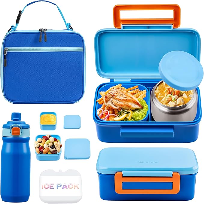 JXXM Bento Lunch Box for Kids With 8oz Thermo, Leakproof Bento Box with with 2 Compartments, Insulated Bottle, Lunch Bag, BPA Free Dishwasher Safe for School Girls Boys (Blue)