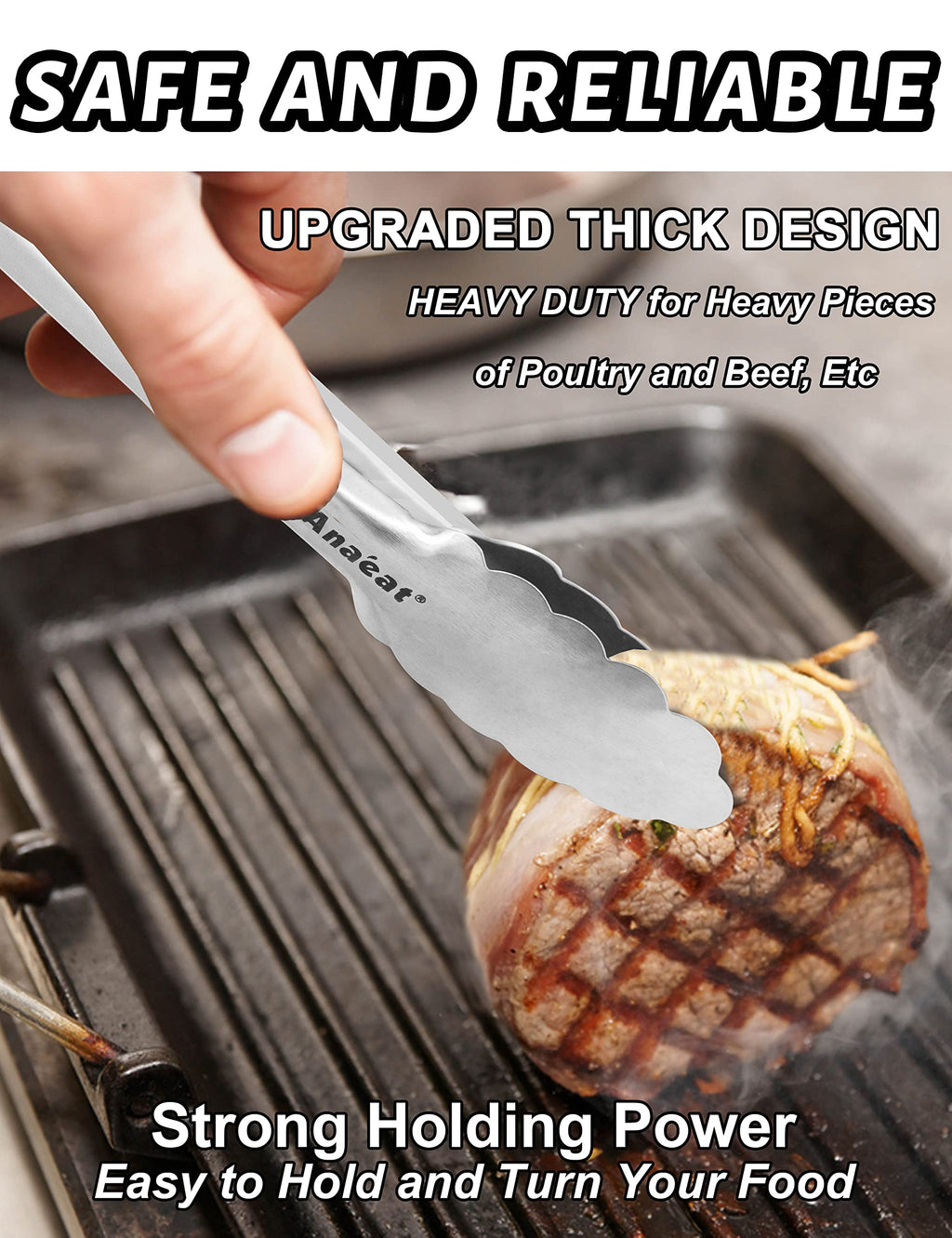Anaeat 7" Mini Cooking Tong Stainless Steel - Sturdy Coiled Spring Locking Kitchen Food Tong with Non-Slip Silicone Grip for Serving, Cooking, Baking - Heat Resistant up to 480°F (Black)