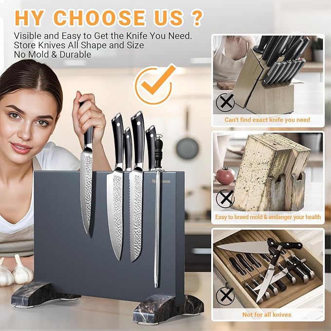 Nanbone Black Magnetic Knife Block Stand Without Knives Black Double Sided Magnetic Knife Holder Rack for Kitchen Counter Stainless Steel Knife Magnetic Strip Display Stand Storage Organizer