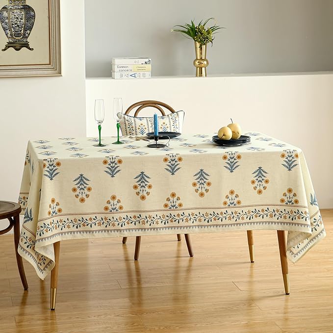 ISAENNE Designer French Linen Rectangular Tablecloth,110"x63"-Estevan A
