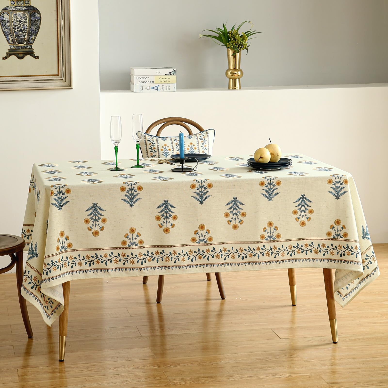 ISAENNE Designer French Linen Rectangular Tablecloth,102"x63"-Estevan A