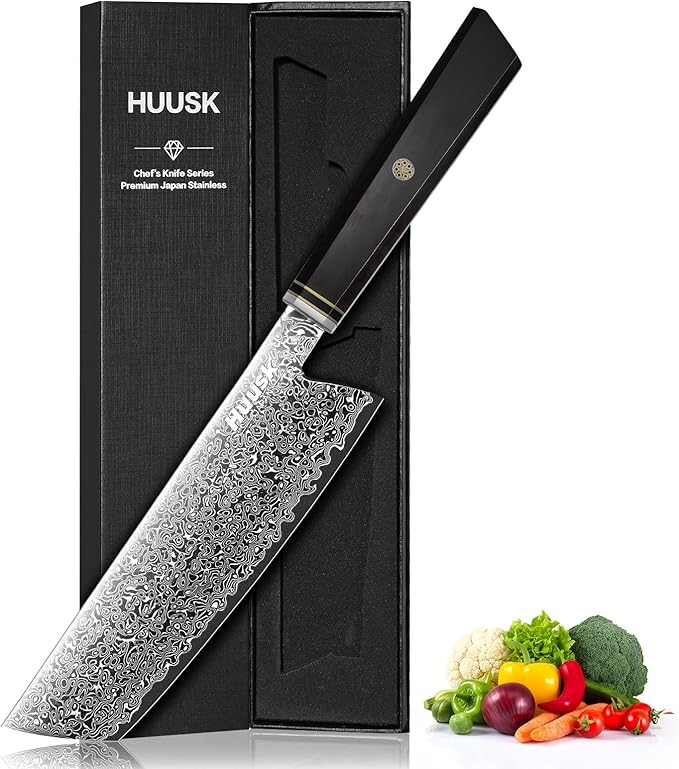 Huusk Damascus Nakiri Knife 7 Inch, Japanese Chopping Chef Knives