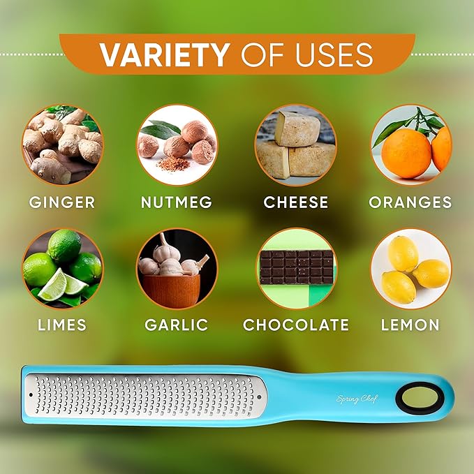Spring Chef Premium Lemon Zester Grater with Handle - Fruits, Garlic, Chocolate, Nutmeg, Ginger Grater - Heavy Duty Kitchen Tool - Stainless Steel Citrus Zester with Blade Cover - Fine Shred, Aqua Sky
