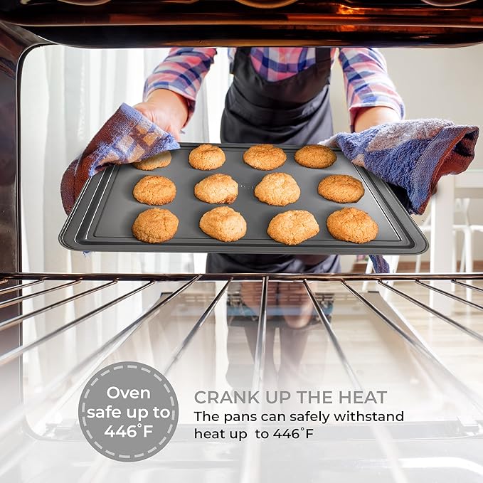 PERLLI Non-Stick 3-Piece Baking Pan Set – Carbon Steel with Even Heat Distribution, Oven Safe to 446°F, BPA-Free, Dishwasher Safe, Stackable Baking Tools for Easy Storage and Everyday Cooking - Gray
