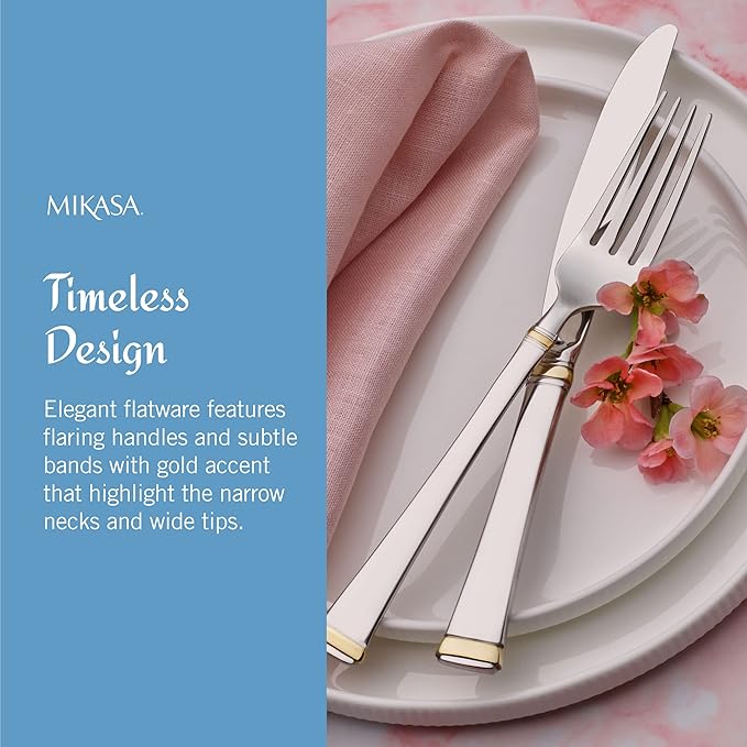 Mikasa Harmony 65-Piece Flatware Set for 12, 18/10 Stainless Steel Silverware with Gold Accent Handles, Service for 12 with Serving Utensils, Dishwasher Safe