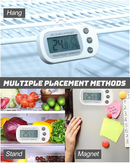 Frienda 16 Pcs White Digital Fridge Thermometer Waterproof Refrigerator and Freezer Max/min Record Function LCD Screen Refrigerator Thermometer with Hook and Magnetic Back for Home (Button)