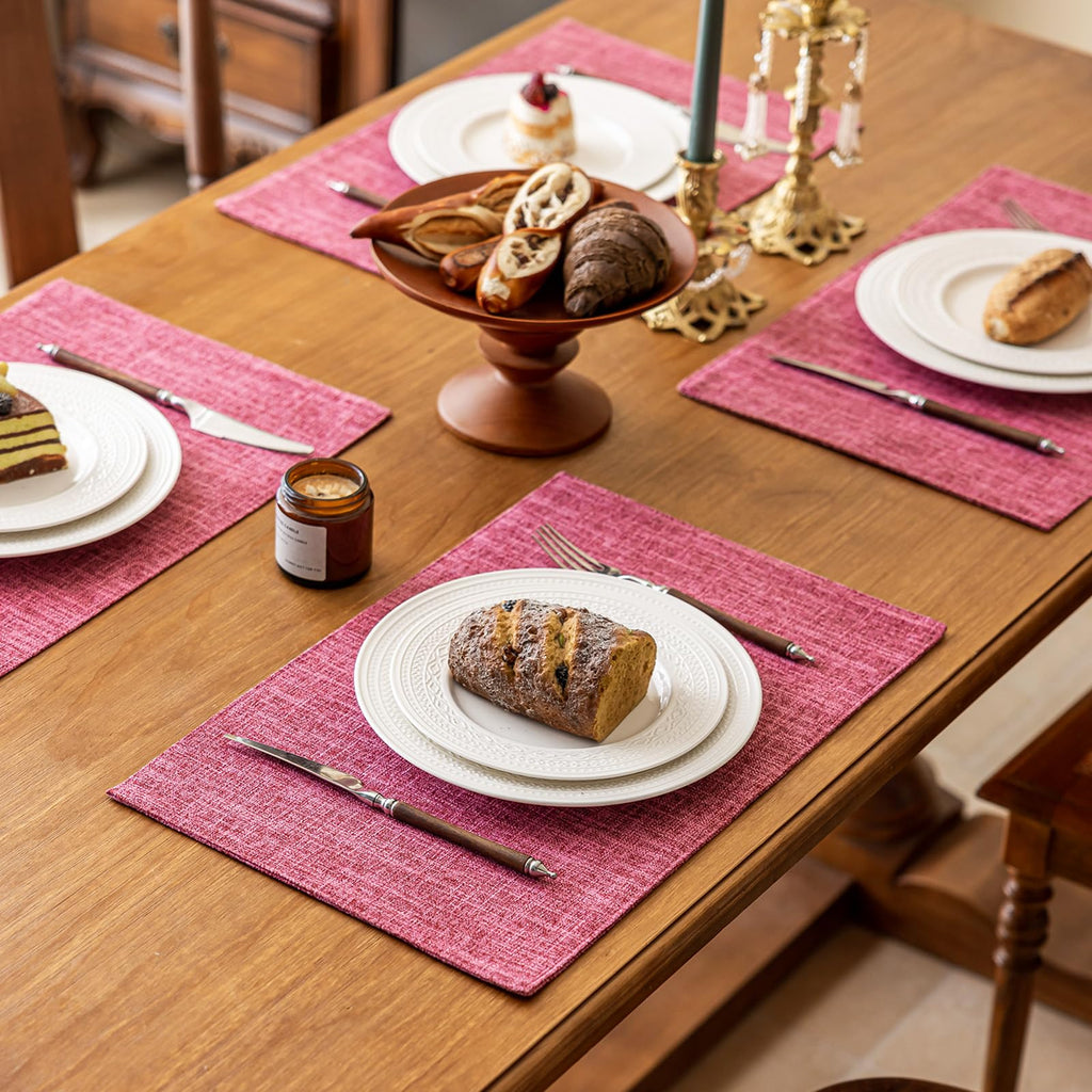 KXN Placemats Set of 8, Dual-Layer Thickened Faux Linen Table Mats, Heat Resistant & Wrinkle-Free, Machine Washable Cloth Place Mats for Kitchen Dining Indoor Outdoor (Pink)