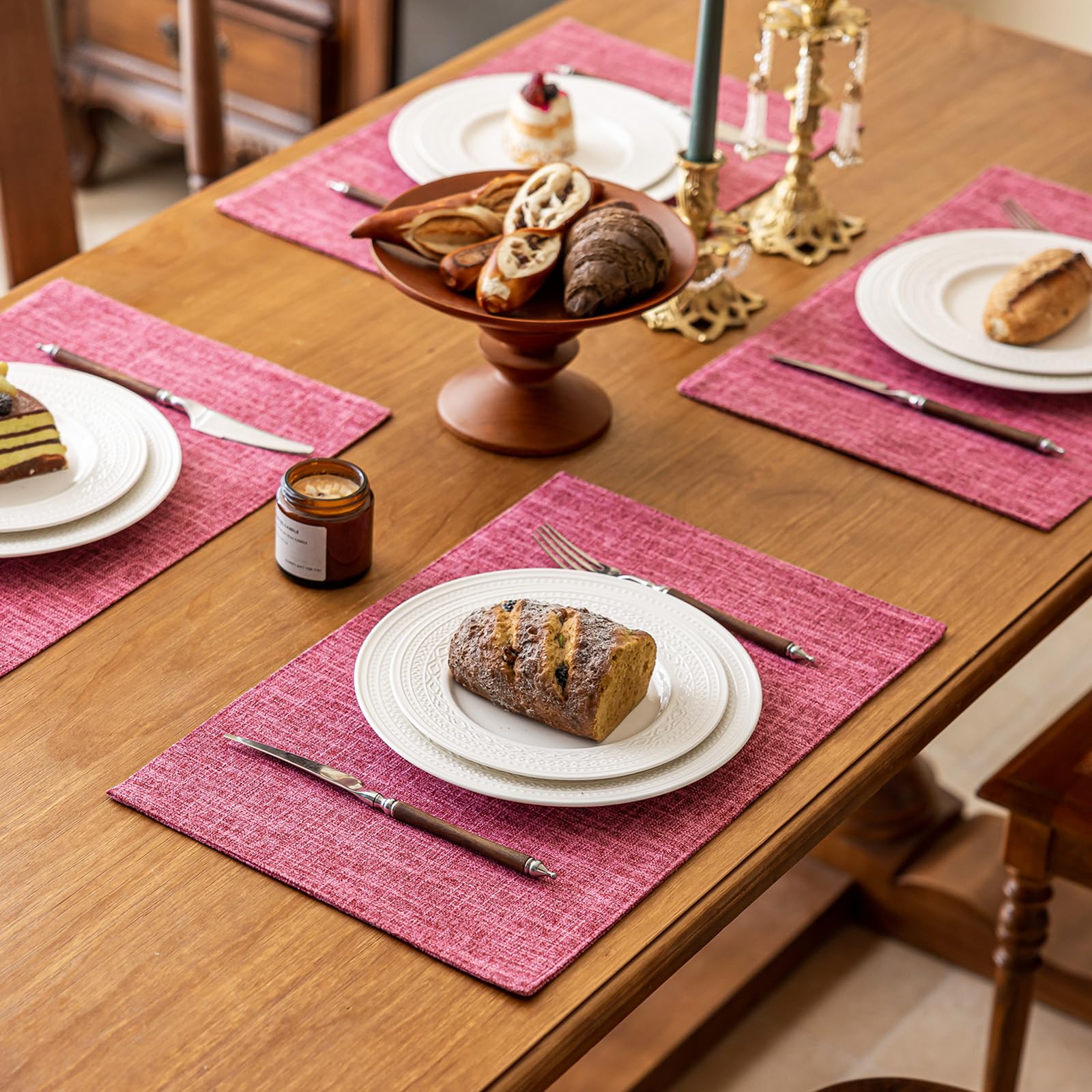 KXN Placemats Set of 8, Dual-Layer Thickened Faux Linen Table Mats, Heat Resistant & Wrinkle-Free, Machine Washable Cloth Place Mats for Kitchen Dining Indoor Outdoor (Pink)