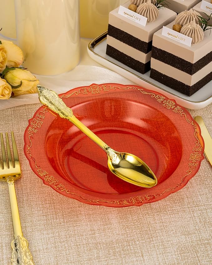 Bestluck 100 Pack Clear Red Plastic Bowls with Gold Rim