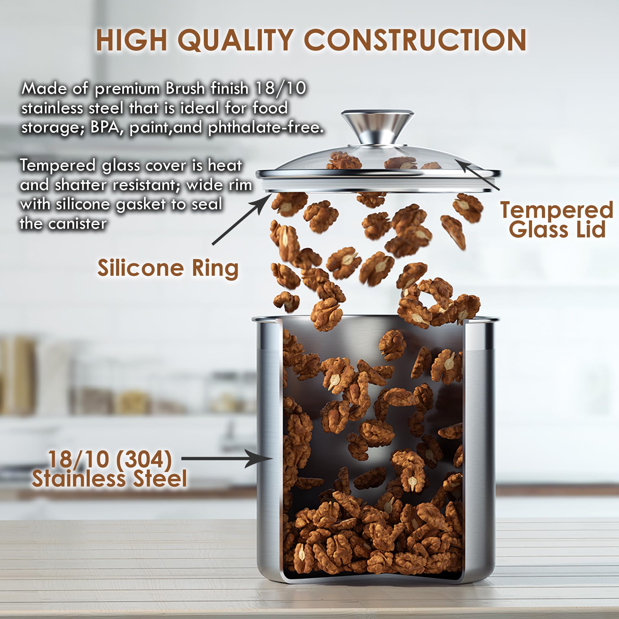 Cooks Standard Airtight Kitchen Canister Set for Coffee, Flour & Sugar Storage – Stainless Steel Food Storage Containers with Glass Lid – Pantry Organization Jars, 4 Pack
