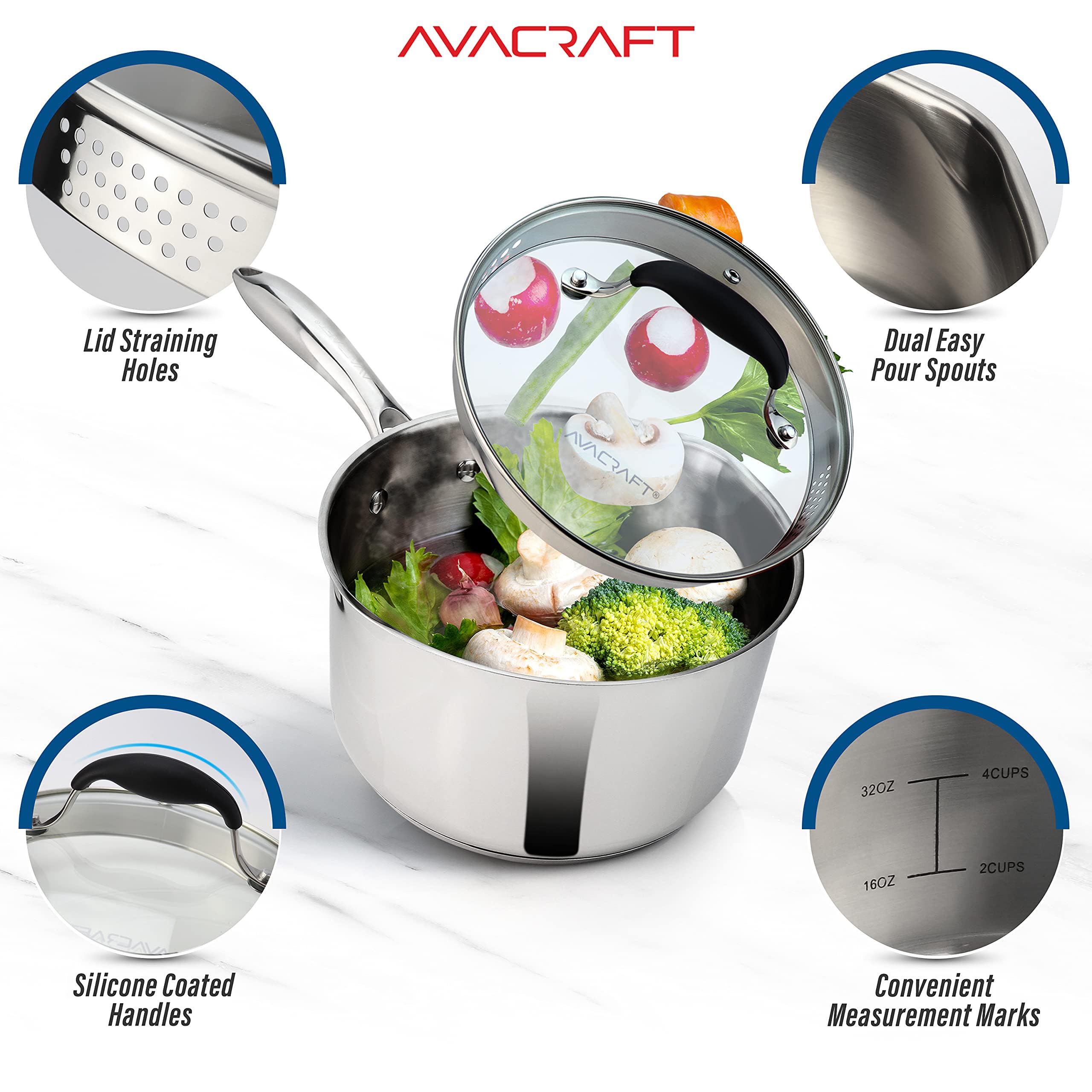 AVACRAFT 1.5 Quart Stainless Steel Saucepan with Glass Strainer Lid
