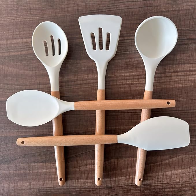 IOCBYHZ Silicone Kitchen Utensils Set of 5, Cooking Utensil Set with Heat Resistant Wooden Handle Non-Stick Silicone Spatula Spoon Turner Ladle, BPA FREE Cooking Kitchen Gadgets for Cookware & Baking