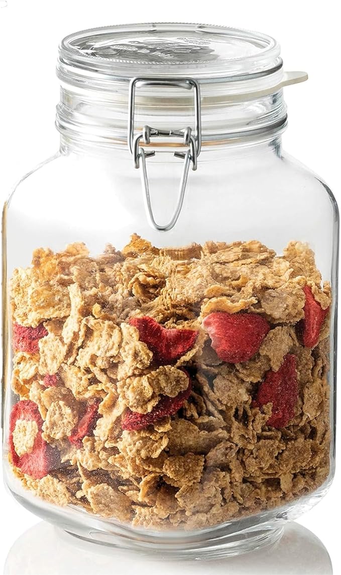 Bormioli Rocco Fido Squared Wide Mouth Glass Jar with Airtight Gasket Clamp Lid for Canning and Food Storage, Clear Top, 67.75 oz.