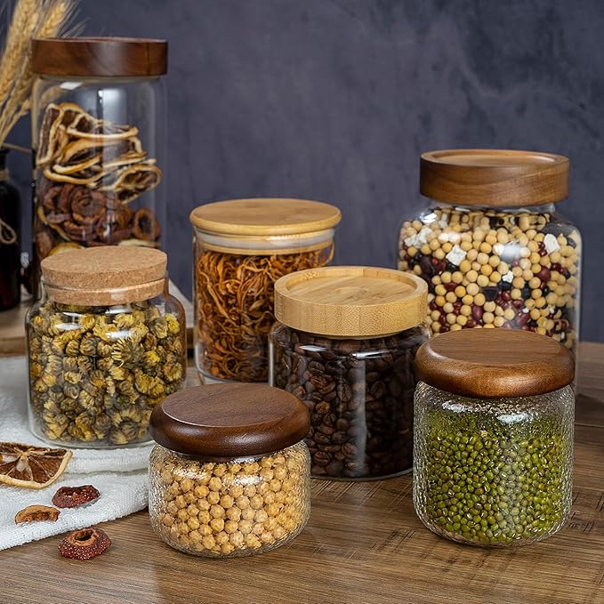 piconesper 1PC Small Glass Storage Jars with Airtight Lids, 18 fl oz (550ml) coffee container with Wooden Lid, Glass Pantry Canister for Beans, Rice, Sugar and etc
