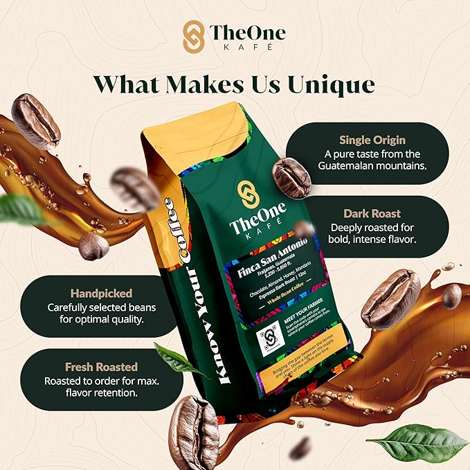 TheOne Kafé Guatemala Dark Roast Whole Bean Coffee – Organic, Single Origin, Premium Specialty Coffee, Ethically Sourced, Smooth & Rich Flavor – Fresh Roasted for Espresso, Drip, Pour Over – 12 oz