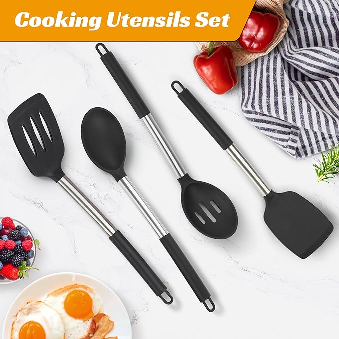 YASUEBI Silicone Cooking Kitchen Utensils Set Kitchen Utensils Set Silicone Cooking Utensils Set for Nonstick Cookware Perfect for Baking and Mixing Spatula Set BPA Free Dishwasher Safe Black 4 Pack