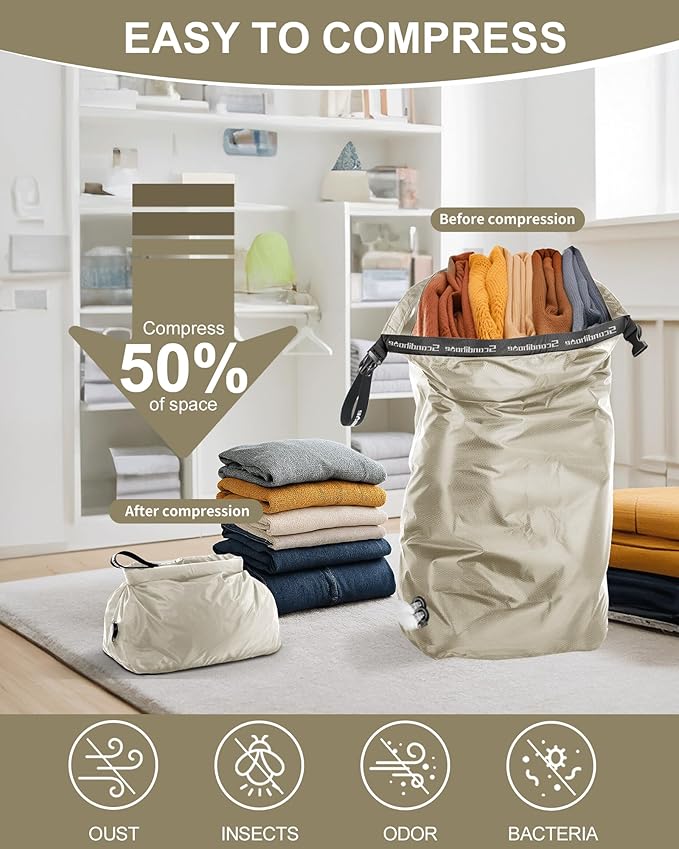 Compression Travel Laundry Bag for Dirty Clothes, Pump-Free Laundry Bag for Suitcase & Dorm, Waterproof Wet Dry Clothes Organizer, Large Capacity Space Saving Travel Bag (1 Pcs)(Gray, M)