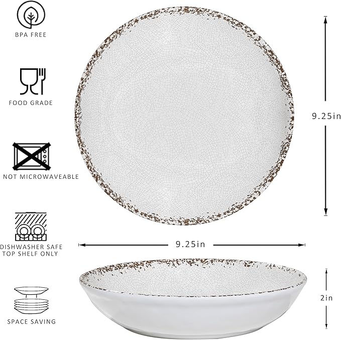 ZAROCRUS Rustic White Melamine Pasta Bowls, 6 Pack 9.25 inch Serving Bowls, Wide and Shallow All-purpose Bowl, Unbreakable Kitchen Bowls for Salad, Pasta, Ramen, Soup, Noodle, Fruit. Dishwasher Safe…