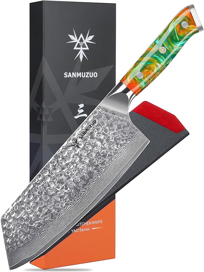 SANMUZUO 7.5" Nakiri Knife - Kitchen Vegetable Cleaver - Japanese Usuba Knife - Hammered Damascus Steel & Resin Handle - YAO Series