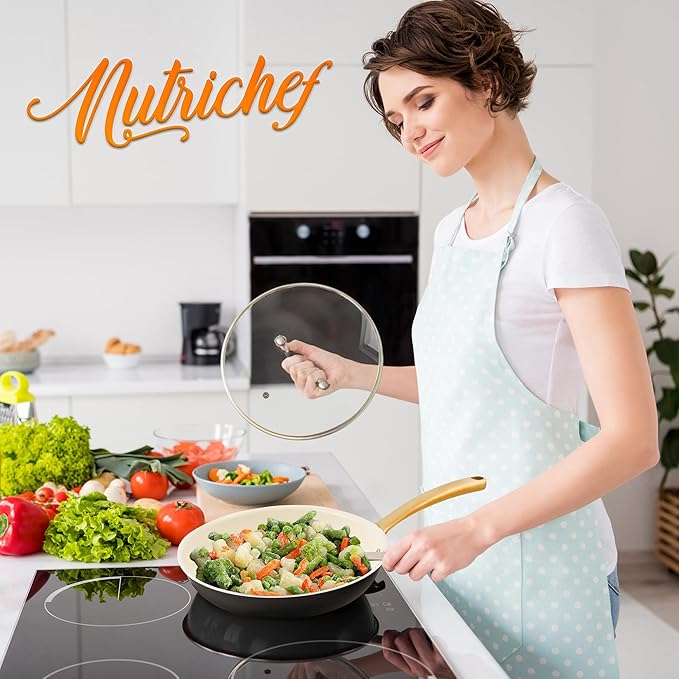 NutriChef 10 Inch Ceramic Coated Frying Pan - Non Stick Skillets with Titanium Handle, Durable Ceramic Omelette Pan, Easy to Clean, PFOA Free