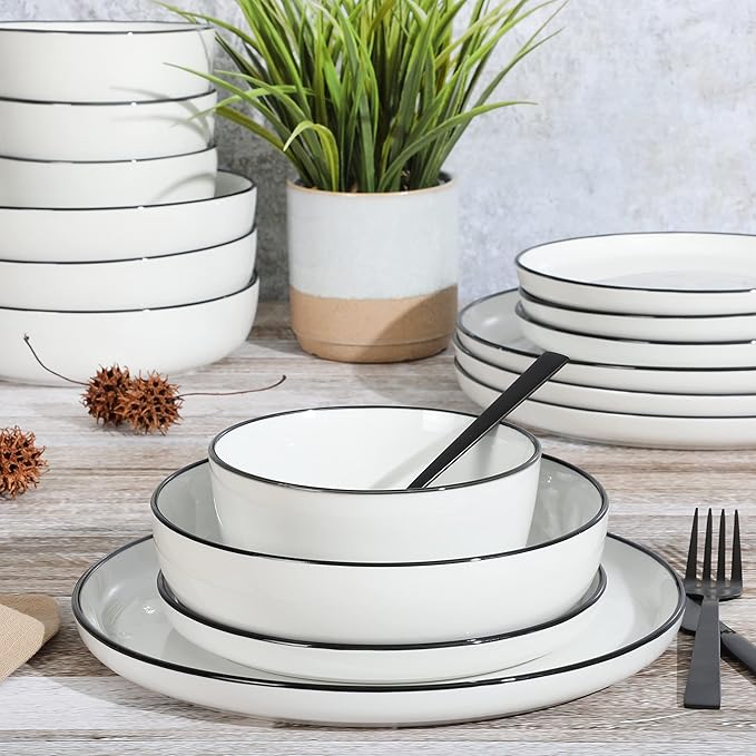 Gibson Home Oslo 16-Piece Porcelain Dinnerware Set, Service for 4 – White Plates with Black Rim, Microwave & Dishwasher Safe