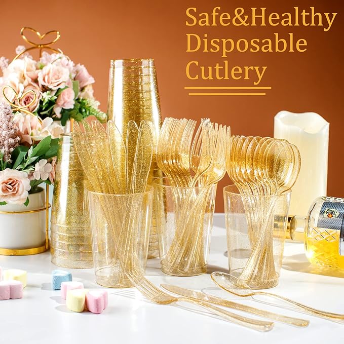 Supernal 300pcs Gold Glitter Plastic Silverware, Disposable Cutlery Set