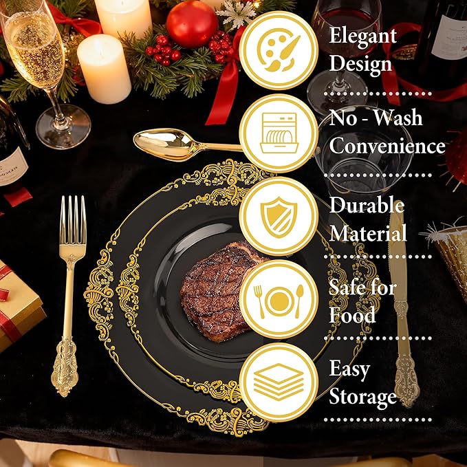 Nervure 350Pcs Black Plastic Plates, Plastic Dinnerware Set for 50 Guests