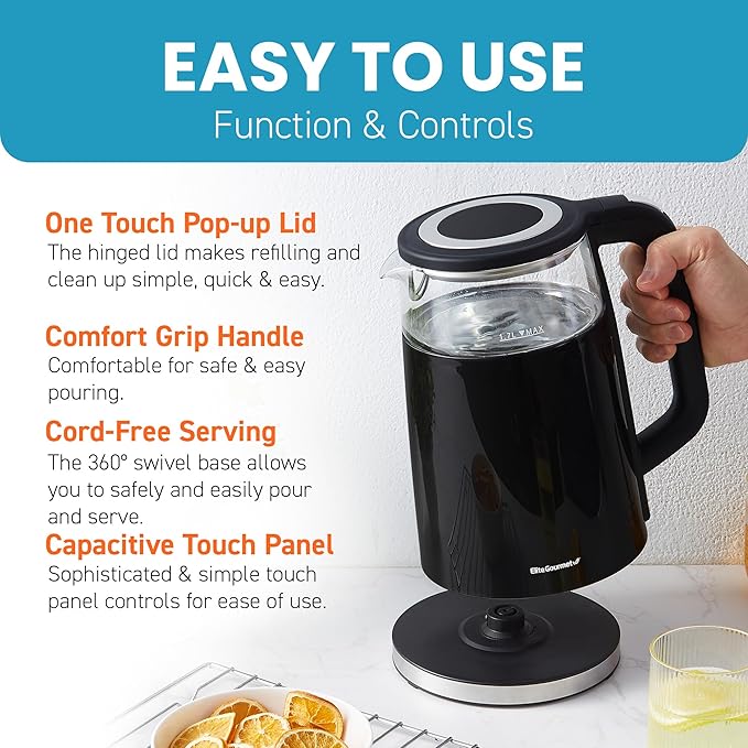 Elite Gourmet 1.7L Dual-Wall Cool-Touch Tea Kettle, Touchscreen, Black